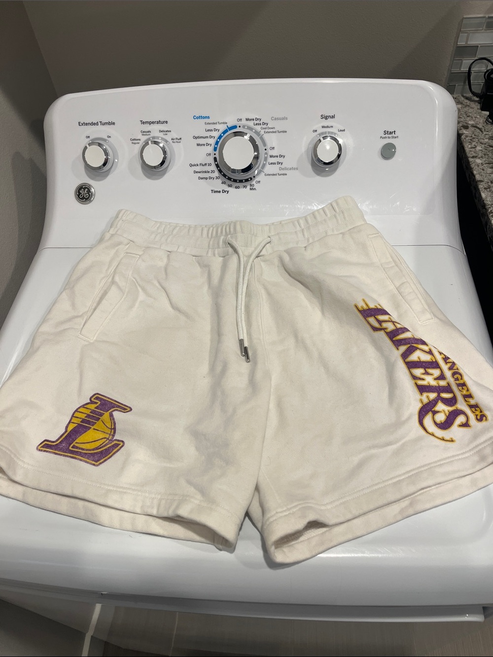 Abercrombie & Fitch Cream Athletic Drawstring Shorts with Purple & Gold Logos